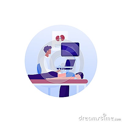 Medical ultrasound procedure concept. Vector flat healthcare illustration. Nephrolory and kidney diagnostic research. Male doctor Vector Illustration