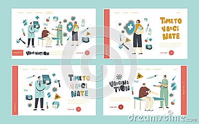 Medical Vaccination Immunization Landing Page Template Set. Character Hold Huge Shield, Nurse Making Vaccine Shot to Man Vector Illustration