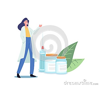 Medical Vaccination. Tiny Female Doctor Character with Huge Syringe Invite for Immunization with Vaccine Injection Dose Vector Illustration