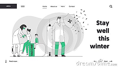 Medical Vaccination Website Landing Page. Doctor Holding Shield and Syringe Protecting Nurse Making Vaccine Vector Illustration