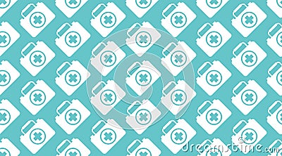 Medical vector seamless pattern with flat icon of first aid kit. White silhouette on blue color background, doctor case Vector Illustration