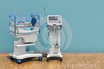 Medical ventilator and infant incubator in the room. Neonatal intensive care unit, NICU. 3D rendering Stock Photo