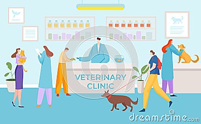 Medical veterinary clinic patient waiting room, domestic animal healthcare reception desk, queue owner flat vector Vector Illustration