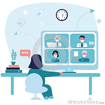 Medical video conference for emergency crisis. Online doctors meeting with computer, consultation. Webinar with hospital specialis Stock Photo