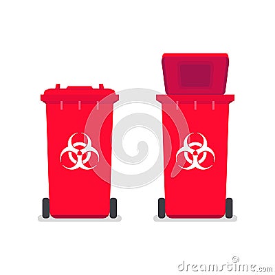 Medical waste bin. Contaminated waste sign. Biohazard trash garbage bin. Vector Illustration