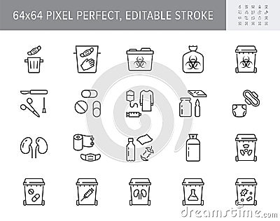 Medical waste devices line icons. Vector illustration include icon - glove, mask, biomedical, toxic, chemical, syringe Vector Illustration