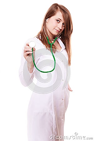 Medical. Woman doctor in lab coat with stethoscope Stock Photo