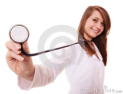 Medical. Woman doctor in lab coat with stethoscope Stock Photo