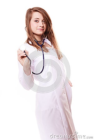 Medical. Woman doctor in lab coat with stethoscope Stock Photo