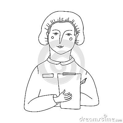 A medical worker in a medical cap is writing something down in a notebook. Cartoon Illustration