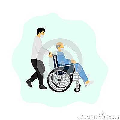 Medical worker help to pushing an old man patient wheelchair vector illustration. Vector Illustration