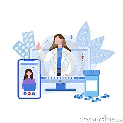 Medical worker in white medic coat calling to patient on laptop, consulting online concept Vector Illustration