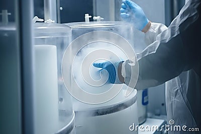 Medical worker works with Liquid Nitrogen cryostorage, generative AI Stock Photo