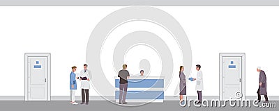 Medical workers, doctors and patients in the hospital corridor Vector Illustration