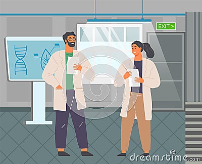 Medical workers or researchers woking in laboratory. Chemistry students at workplace in lab Vector Illustration