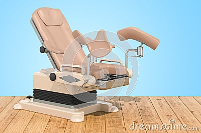 Medicals Gynecological Examination Chair on the wooden planks, 3D rendering Stock Photo