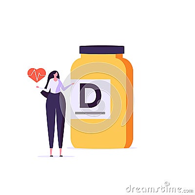 Medicament, vitamin D, bioactive additive, healthy heart vector illustration. Flat tiny slim fit body woman concept. Healthy woman Vector Illustration