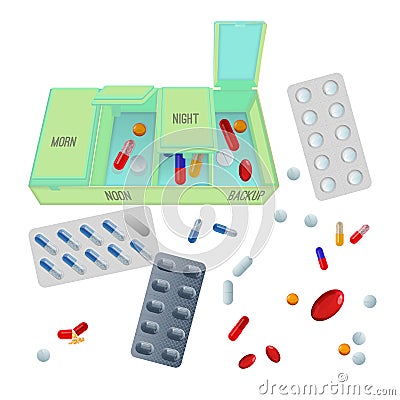 Medicaments and box with dosage for day set Vector Illustration