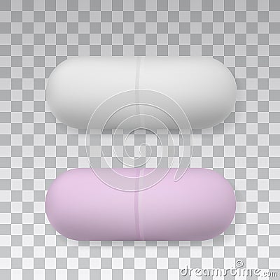 Medicaments top view vector of a white and pink oval pill on transparent background Vector Illustration