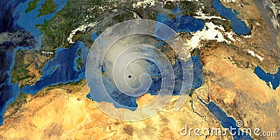 Medicane Ianos Mediterranean Hurricane approaching Greece. Shot from Space. Elements of this 3D rendering are furnished by NASA Cartoon Illustration