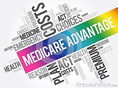Medicare Advantage word cloud collage, health concept Stock Photo