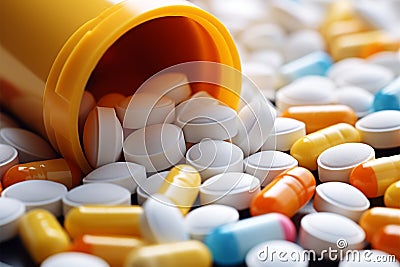 Medication array pills and capsules, providing healing and relief Stock Photo