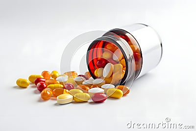 Medication bottles with a mix of red and yellow pills and capsules for health vitamins, capsules by Generative AI Stock Photo