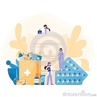 Medication concept. Collection of pharmacy drug in bottle and box. Vector Illustration