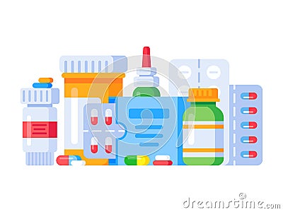 Medication drugs. Medicine pill, pharmacy drug bottle and antibiotic or aspirin pills. Medications isolated vector Vector Illustration