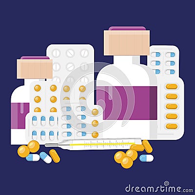 Medication drugs. Medicine pill, pharmacy drug bottle and antibiotic. Medications prescription painkillers, health shop isolated i Cartoon Illustration