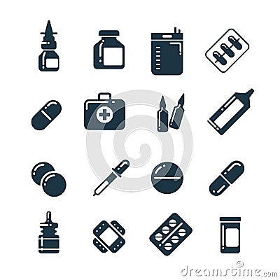 Medication pharmacology pills, tablets, medicine bottles vector icons Vector Illustration