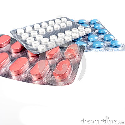 Medication Pills on white background Stock Photo