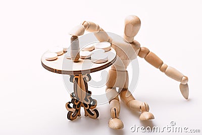 Medication regimen. Human wooden dummy near table with medicines. Tips tackling complex medication regimen. Take Stock Photo