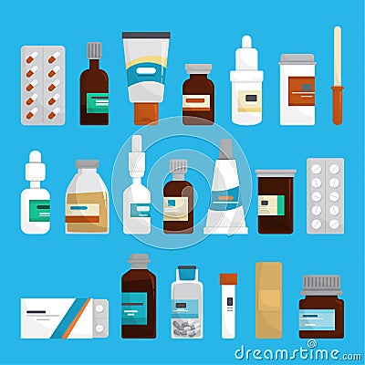 Medication set. Collection of pharmacy drug in bottle Vector Illustration