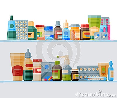 Medication on shelf banner vector illustration. Medicine, pharmacy store, hospital set of drugs with labels Vector Illustration