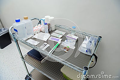 Medications prepared for surgery on the operating table Stock Photo