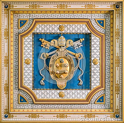 Medici Popes Coat of Arms in the ceiling of San Martino ai Monti Church in Rome, Italy. Editorial Stock Photo