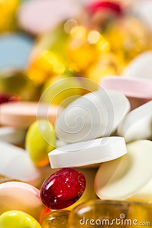 Medicinal drugs, pills and capsules and tablets on white background Stock Photo