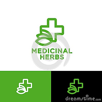 Medicinal herbs logo. Medical cross and leaves emblem. Herbal Pharmacy logo. Vector Illustration