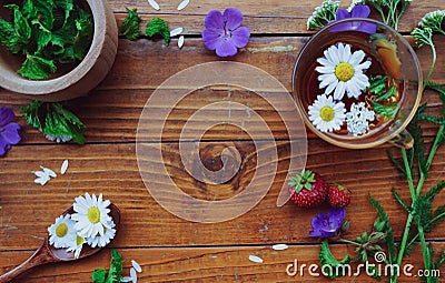 Medicinal herbs and strawberries, decoction of chamomile, yarrow and mint, tea. on a wooden background Stock Photo