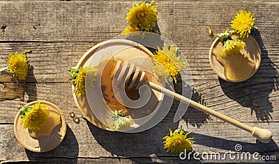 Medicinal honey dandelion with spoon Stock Photo