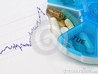 Medicinal pills in daily pill dispenser with graph Stock Photo