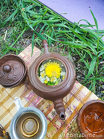 medicinal tea in glass cup with herb in bowl Stock Photo