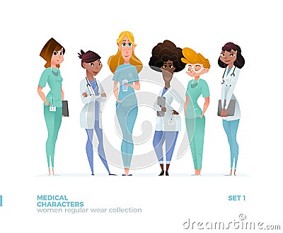 Medical Women Characters in Standing Pose. Vector Illustration