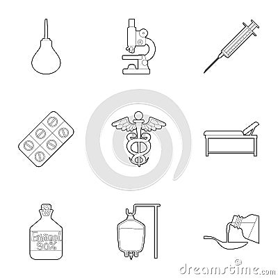 Medicine accessories icons set, outline style Vector Illustration