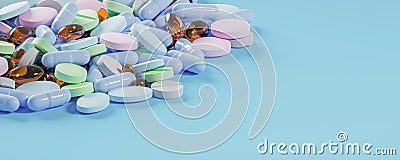 Medicine background. different color pills or tablets on blue background. Drugs and medicines. supplements or vitamins. copy space Stock Photo