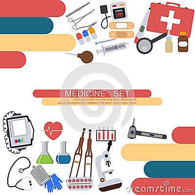 Medicine banner health tools medical hospital human service operation healthy care first aid kit vector illustration Vector Illustration