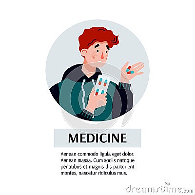 Medicine banner with sick man taking pills cartoon vector illustration isolated. Vector Illustration