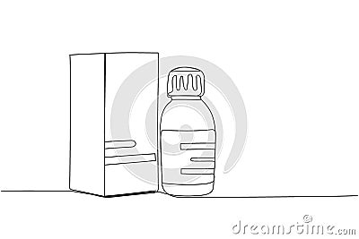 Medicine bottle with package, cough syrup, constipation syrup, herbal tincture, medicine one line art. Continuous line Vector Illustration