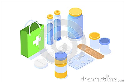 Medicine bottle, tablets, pills and blister package isometric icon. Vector Illustration